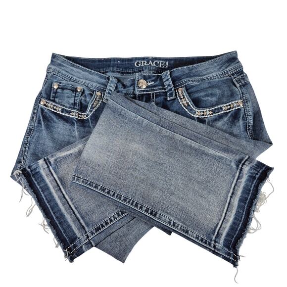 Grace In LA Blue Denim Jeans Distressed Raw Hem Embroidered Pockets Mid Rise 28 - Picture 2 of 7